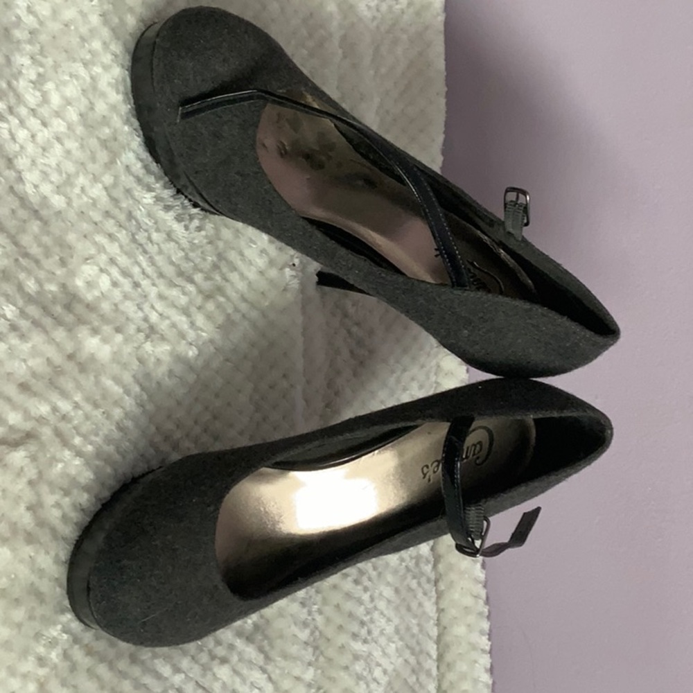 Candies high strapped shoes, grey and black. Size 9, heel 5 inches